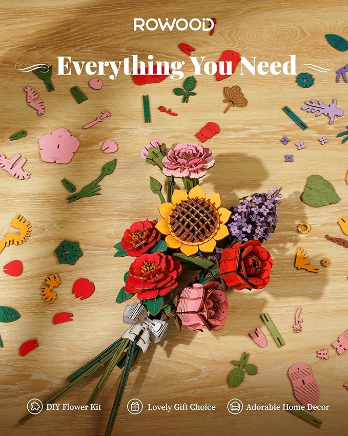 rowood 3D Puzzle Artifical Flower,DIY Wooden Flower Craft Kit Building,Mother's Day/Valentine's Day/Teacher's Day/Thanksgiving Day/Christmas/Birthday Gift for Mom/Women/Grandma/Wife/Her-Red Camellia
