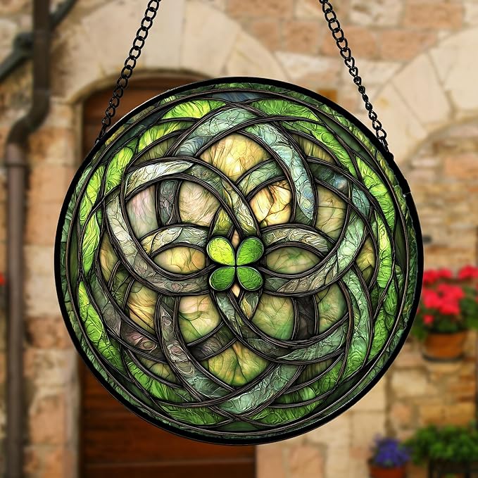 DASTOLL Stained Glass Window Hanging, Abstract Green Clover Sun Catchers Colorful Glass Panel Bless Suncatcher Decor for Birthday for Women, Men, Wife, Aunt, and Mom 9.8 in