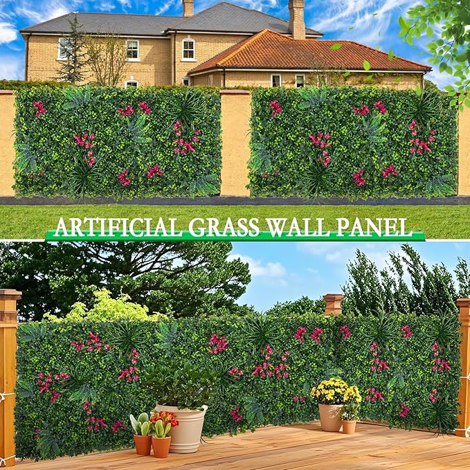 Yangrass Artificial Boxwood Wall Panels, 20''x20'' 12pcs Grass Wall Panels with Mint Plant Leaves, Greenery Backdrop Privacy Screen with UV Protection, Green Grass Wall for Garden Indoor Outdoor Decor