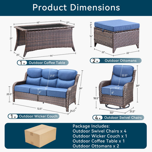 Luxury 8 Pieces Outdoor Patio Furniture Set-All Weather Wicker Swivel Rocker Patio Chairs with 6" Thick Cushion Rattan Sofa Coffee Table, Outdoor Conversation for Garden Porch Backyard(Brown/Blue)