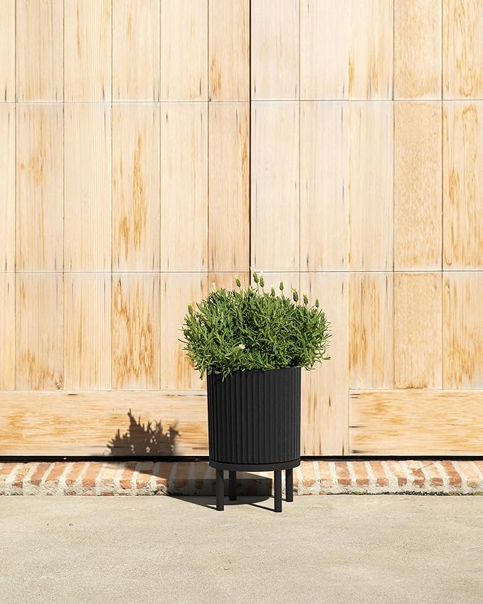 Veradek Demi Series Round Planter w/Stand for Porch/Patio | Durable Plastic-Stone Composite & Wooden Stand | Modern Décor for Tall Plants, Flowers