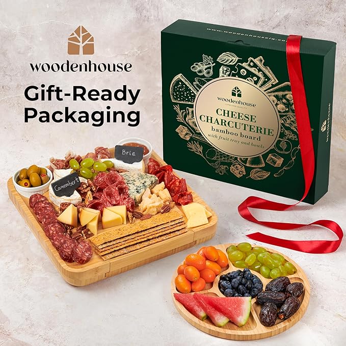 Bamboo Charcuterie Boards Gift Set - Meat and Cheese Tray with Utensils, Fruit Tray, and 2 Sauce Bowls Included - Bamboo Cheese Platter - House Warming Gifts New Home Couples & Family, Wedding Gifts