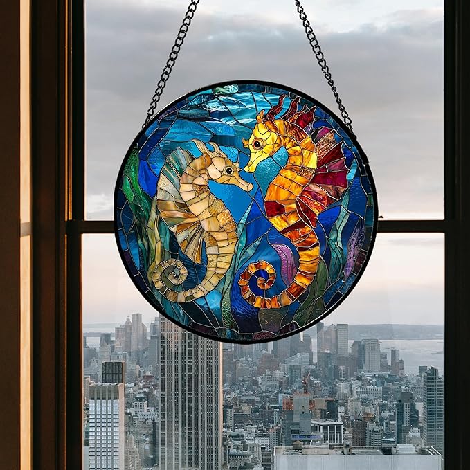 Stained Glass Window Hanging - Blue Ocean Orange Seahorse Suncatcher for Door Terrace Garden Home Decor, Marine Life Sun Catcher Birthday Gifts for Lovers Women Men Dad Mom Nana 9.8 in