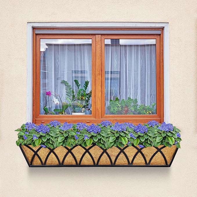 Y&M 30 Inch Fence Metal Hanging Flower Planter Window Basket Deck Railing Planter Boxes for Outdoor Garden Lawn, Window Deck with Coco Liner,6pcs