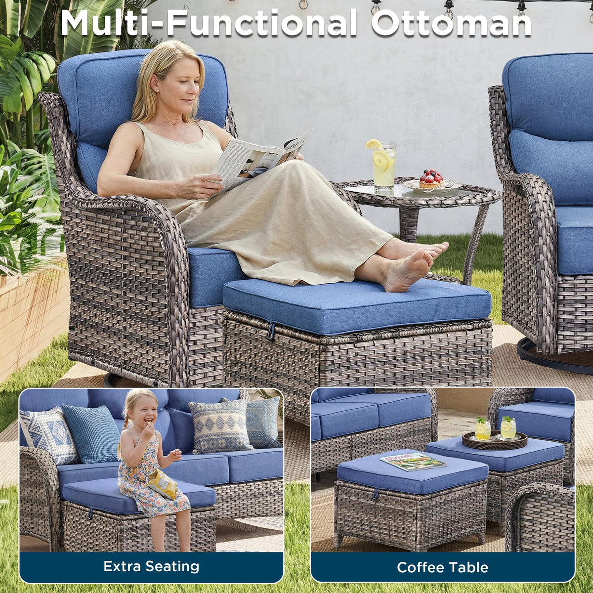 Luxury 8 Pieces Outdoor Patio Furniture Set-All Weather Wicker Swivel Rocker Patio Chairs with 6" Thick Cushion Rattan Sofa Coffee Table, Outdoor Conversation for Garden Porch Backyard(Grey/Blue)