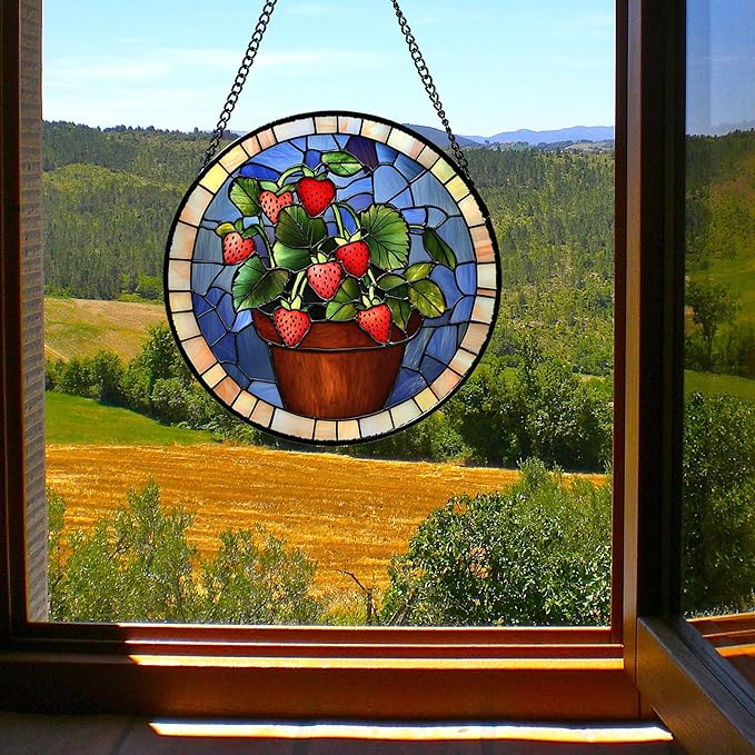 Stained Glass Window Hanging Red Strawberry Potted Plants 7.8" - Suncatcher Door Garden Sun Catcher Fall Home Decor Birthday Christmas for Mom Men Woman Nana Friend
