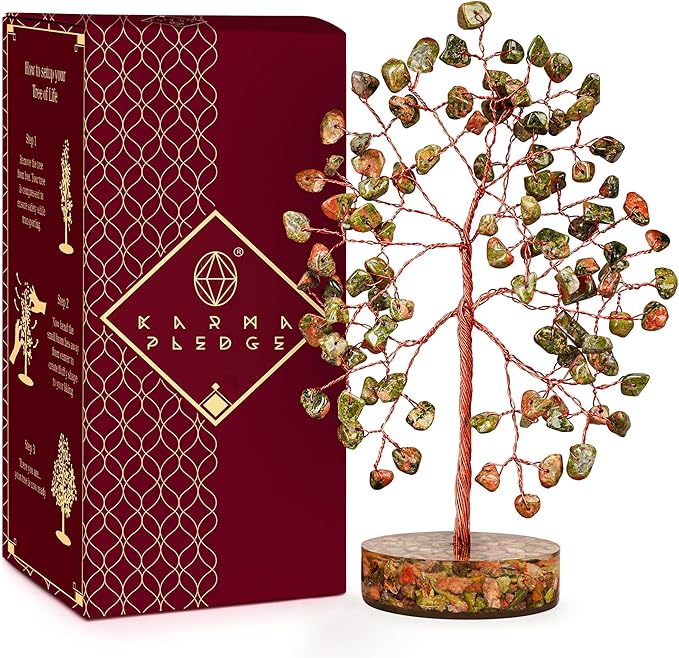Crystal Tree for Home and Office Decor, Unakite Chakra Healing Stones Handmade Feng Shui Bonsai Tree of Life for Positive Energy, Money, Good Luck, Christmas Decor, Birthday Gifts for Women, Mom
