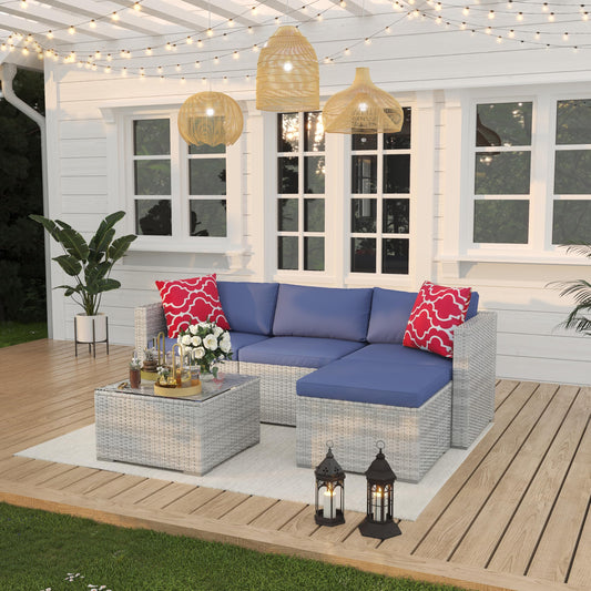 5 Pcs Patio Furniture Sets, Outdoor Sectional Patio Sofa, All Weather Rattan Conversation Set with Tempered Glass Table, Space-Saving Modular Outdoor Seating for Small Patio Poolside Backyard