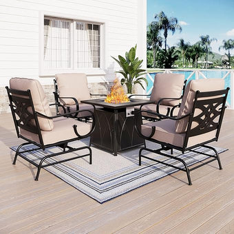 Sophia & William 5 Pieces Outdoor Patio Furniture Set with Gas Fire Pit Table, Patio Conversation Set with 4 Extra Large & High Back Motion Sofa Chairs & 28-Inch Fire Pit