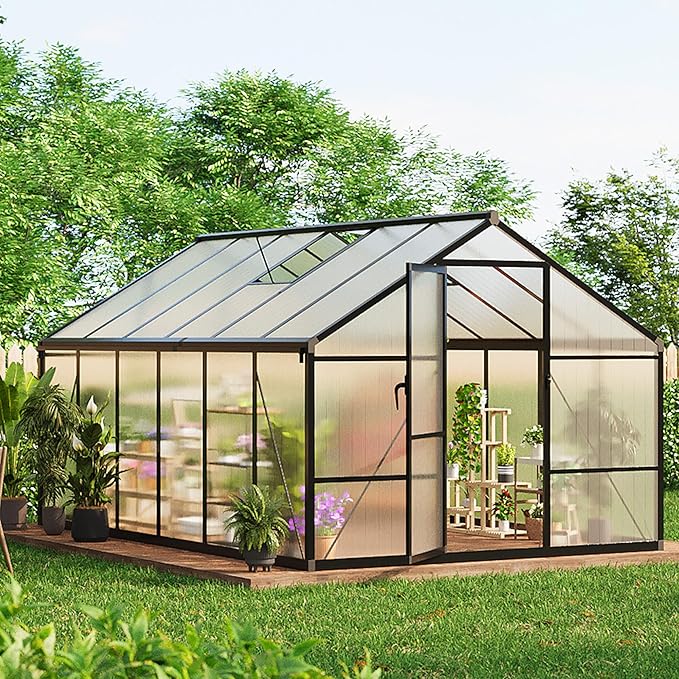 8X12 FT Outdoor Polycarbonate Greenhouse, Sturdy Aluminum Frame, Adjustable Roof Vent, Ideal for Backyard, Patio, or Garden, All-Weather Green House for Growing Plants and Vegetables