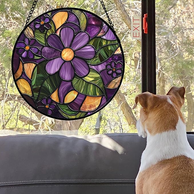AMDERVEN Stained Glass Window Hanging, Purple Green Flowers Sun Catcher for Door Home Decor Plants Suncatcher Christmas Mother's Day Birthday Gifts for Women Men Mom and Nana 6.3 in