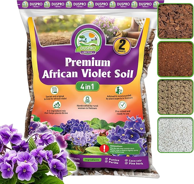DUSPRO Recycle Premium 4-in-1 African Violet Potting Soil African Violet Soil Blend with Perlite, Coco Peat, Pumice, Pine Bark for Optimal Moisture Retention & Drainage 2QT