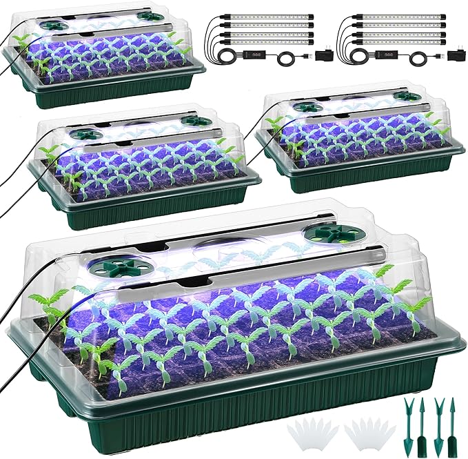Saillong 4 Pack Seed Starter Tray with Grow Light, 80 Cells Indoor Greenhouse Kit, 360° Full Spectrum LED, Smart Timer, 5 Brightness Levels Indoor Plant Starter Kit for Home Gardeners
