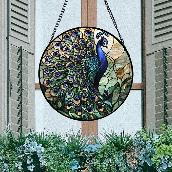 AMDERVEN Stained Glass Window Hanging, Turquoise Peacock Sun Catcher for Door Home Decor Blue Green Suncatcher Christmas Mother's Day Birthday Gifts for Women Men Mom and Nana 15 in