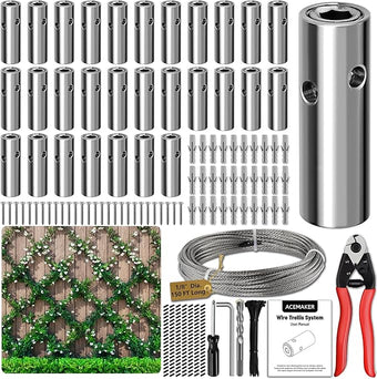 Acemaker Wire Trellis for Climbing Plants Outdoor, 30-Set Wall Wire Trellis Kit with 1/8in x 150ft Stainless Steel Cable & Cutter, T316 Cylindrical Espalier System for Fence and Garden DIY Projects