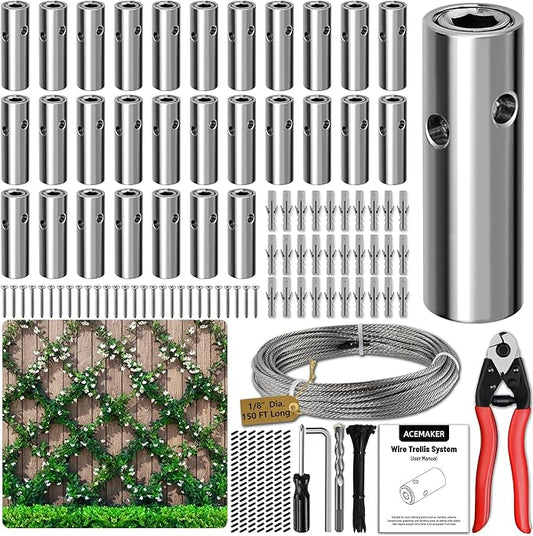 Acemaker Wire Trellis for Climbing Plants Outdoor, 30-Set Wall Wire Trellis Kit with 1/8in x 150ft Stainless Steel Cable & Cutter, T316 Cylindrical Espalier System for Fence and Garden DIY Projects