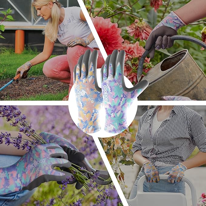 COOLJOB Colorful Gardening Gloves Best Gift for Women Ladies, 2 Pairs Breathable Rubber Coated Garden Gloves, Outdoor Protective Work Gloves, Varied Colors, Size Medium, 2 Pairs M
