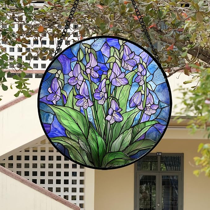 AMDERVEN Stained Glass Suncatcher, Blue Purple Flowers Green Leaves Sun Catcher Plants Stain Glass Window Hanging Decoration Mother's Day Birthday Gifts for Women Men Mom and Nana 7.8 in