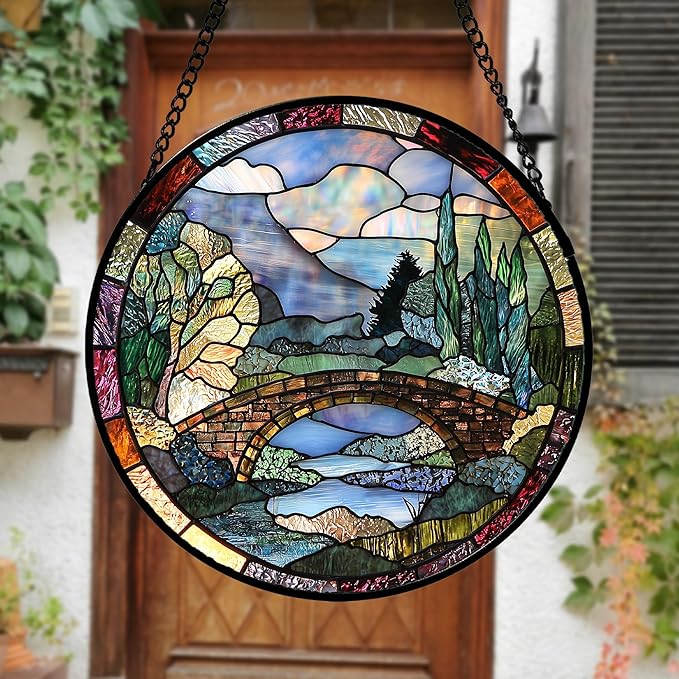 AMDERVEN Stained Glass Window Hanging, Blue Landscape Arch Bridge Sun Catcher for Door Home Decor Suncatcher Christmas Mother's Day Birthday Gifts for Women Men Mom and Nana 6.3 in