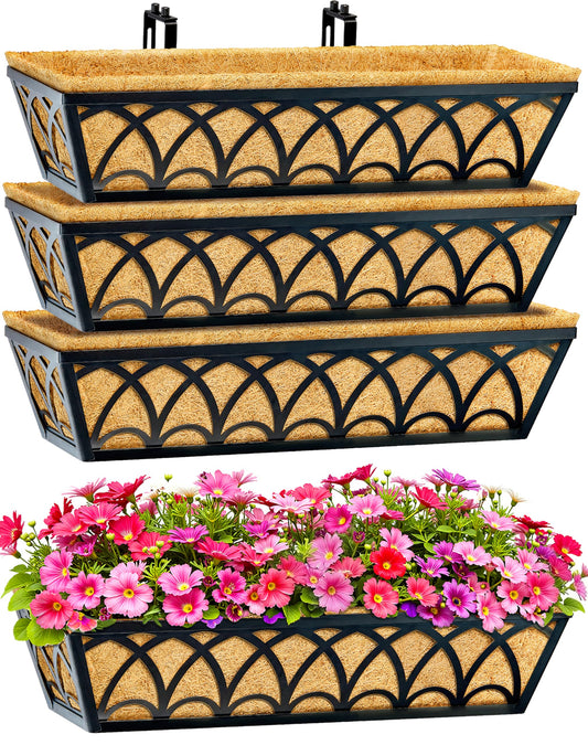 24 Inch Railing Planter Box Window Boxes Planters - 4 Pack Deck Railing Planter Boxes with Adjustable Brackets Coco Liners Balcony Planters Railing Hanging for Window Flower Boxes Outdoor Garden Decor