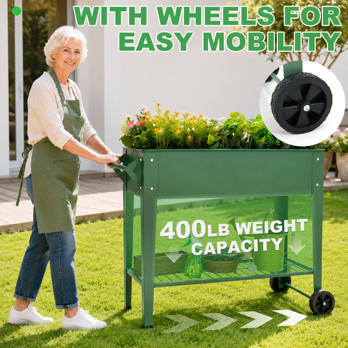 YKTEEDENS Raised Garden Bed with Legs and Wheels, Metal Outdoor, Green