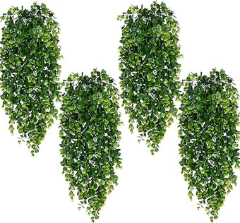 Waipfaru 4Pcs Fake Hanging Plants 2.7ft Fake Plants Eucalyptus Leaves UV Resistant Fake Vines Ivy Artificial Plants Outdoor Faux Plants Indoor Bedroom Living Room Boho Wall Porch Shelf Decor
