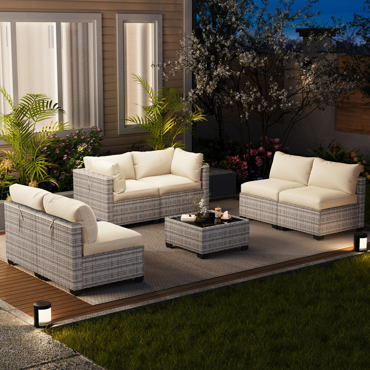 LOUVIXA 7 Piece Outdoor Patio Furniture Set, Outdoor Sectional Sofa, Wicker Rattan Patio Furniture, Patio Conversation Set with Coffee Table & Cushions