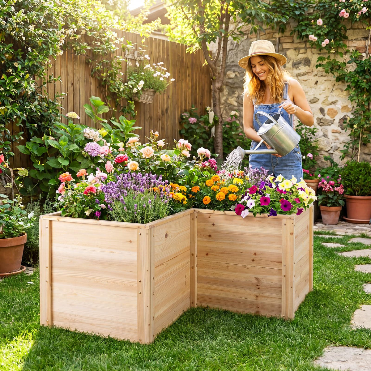 HAPPYGRILL 24.5” Wooden Raised Garden Bed with Open-Ended Base