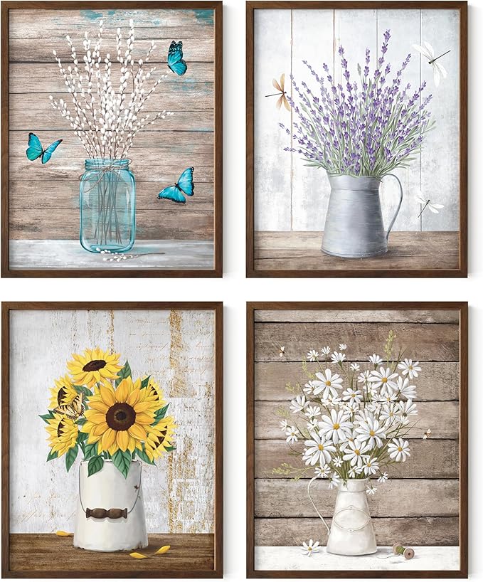 HAUS AND HUES Flower Wall Decor - Set of 4 Framed Floral Art Prints, Botanical Flower Paintings, Elegant Wall Decor for Bedroom or Living Room (Walnut Frame, 11x14)