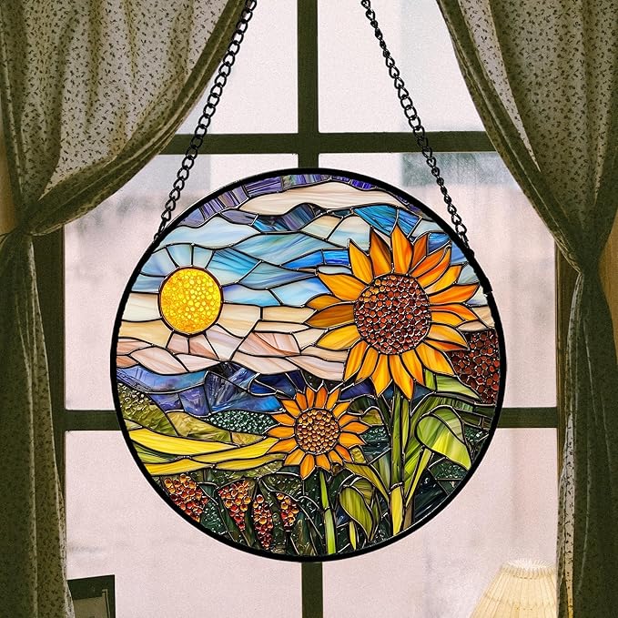AMDERVEN Stained Glass Suncatcher, Sunflower Flowers Landscape Sun Catcher Plant Mountains Stain Glass Window Hanging Decoration Mother's Day Birthday Gifts for Women Men Mom Nana 9.8 in