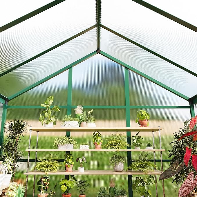 8X10 FT Greenhouse for Outdoors, Large Walk-in Polycarbonate Greenhouse Kit, Aluminum Frame, Lockable Door, Roof Vent, Ground Spikes, for Garden, Patio, Backyard, Outdoor Plant Growth