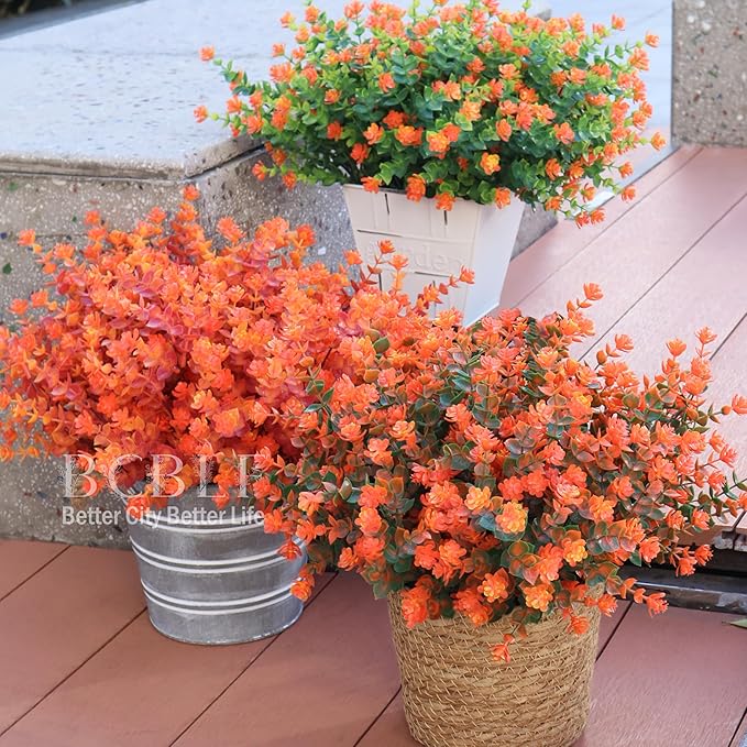 BCBLF Artificial Flowers for Outdoors, 12 Bundles UV Resistant Realistic Faux Plants for Outside Porch Planter, Spring Summer Home Garden Decoration, Red Orange