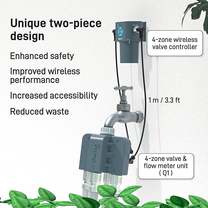 LinkTap Q1 4-Zone Wireless Water Timer & Gateway, 4 Separate Ports, 4 Built-in Flow Meters, Equals Four G2S Smart Hose Timers, Easy Install & Use, 2-Year Warranty