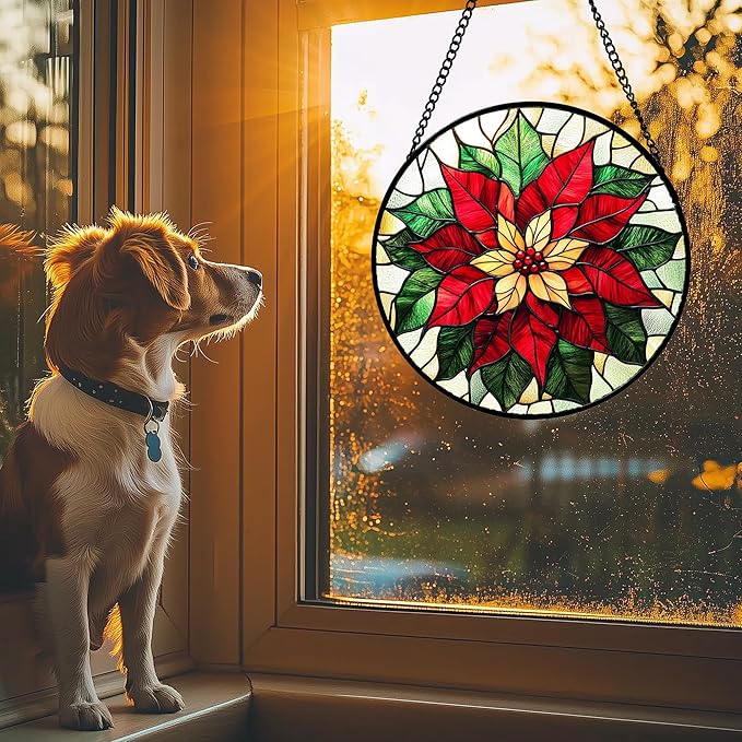 AMDERVEN Stained Glass Window Hanging - Red Poinsettia Birth Flower Sun Catcher for Door Garden Home Decor Suncatcher Christmas Mother's Day Birthday Gifts for Women Men Mom Girl Nana Friend 7.8 in