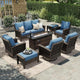 HERA'S HOUSE 8-Piece Outdoor Furniture Set with Fire Pit Table, Patio Conversation Set with 5.5-Inch Thick Cushions & High Back Swivel Chairs, All-Weather Wicker Deep Seating Sofa with Ottomans, Blue