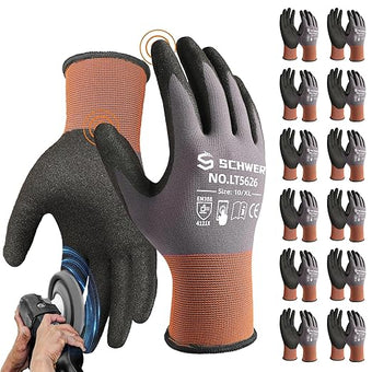 Schwer 12 Pairs Safety Work Gloves Sandy Nitrile Coated LT5626, Max Abrasion Resistant Heavy Duty Working Gloves with Grip for Men Women, Touch-Screen, for General Use, Mechanic, Construction, XL