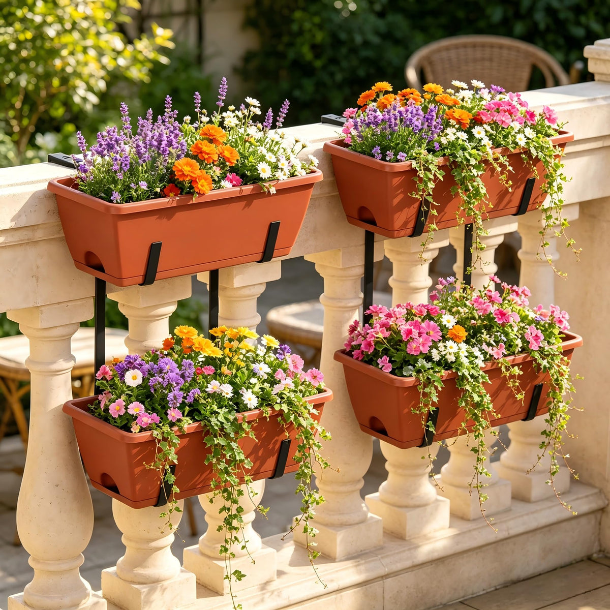 Railing Planter Box Set of 2, 4 Pack Brick Red Window Boxes Planters