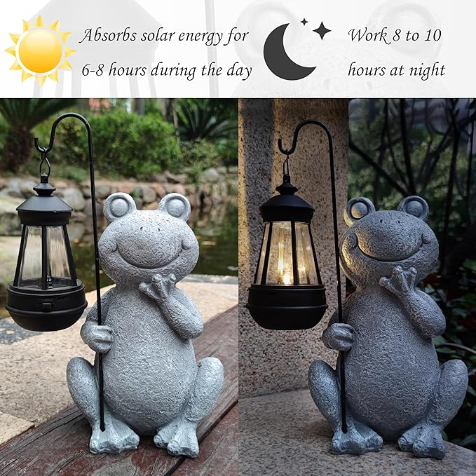 Qobumy Frog Solar Garden Statues,Resin Frog Figurine Decorations with Solar Lights Lantern, Outdoor Figurines Lawn Garden Statue Decor Art for Lawn,Yard,Balcony Ornament,Gift for Home Mom.
