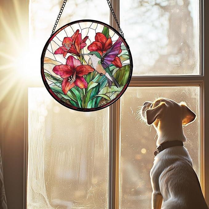 AMDERVEN Stained Glass Window Hanging - Hummingbird On Red Lily Flower Sun Catcher for Door Garden Decor Suncatcher Christmas Mother's Day Birthday Gifts for Bird Lovers Women Men Mom Nana 11.8 in