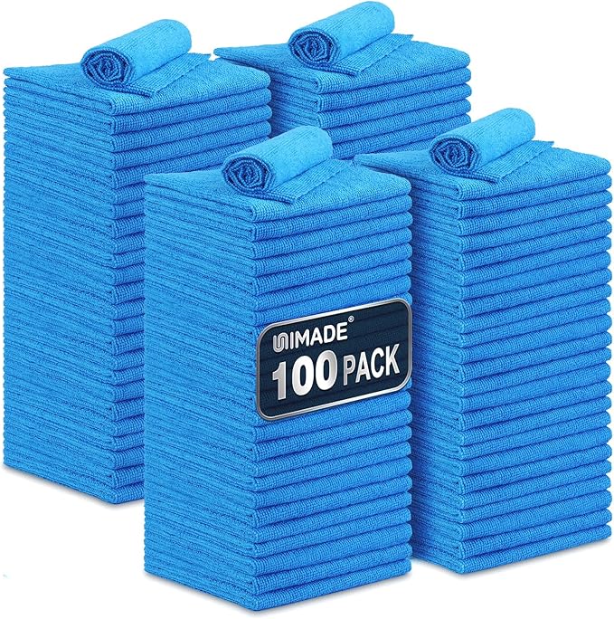 Shop Towels, 100 Pack Commercial Grade Work Rags Microfiber Towels for Cars Cleaning Rags Bulk Detailing Cloth for Automotive Bar Mechanic Restaurant Garage Housekeeping, 11.5"x 11.5", Blue