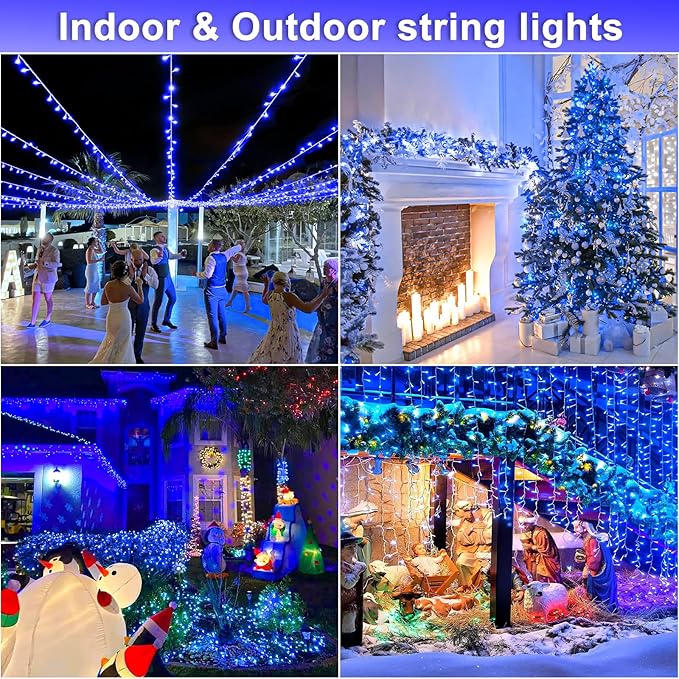 132FT 400 LED Blue String Lights Indoor, 8 Modes Clear Wire Blue Christmas Lights Outdoor Indoor, Plug in Waterproof Fairy String Lights for Christmas Bedroom Tree Decorations