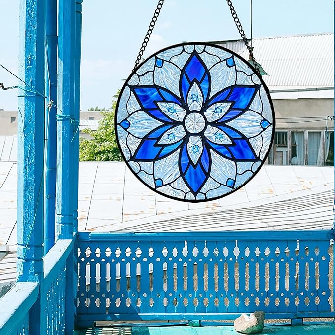 AMDERVEN Stained Glass Window Hanging, Blue Tiffany Style Flowers Sun Catcher for Window Door Home Decor Suncatcher Christmas Mother's Day Birthday Gifts for Women Men Mom and Nana 9.8 in