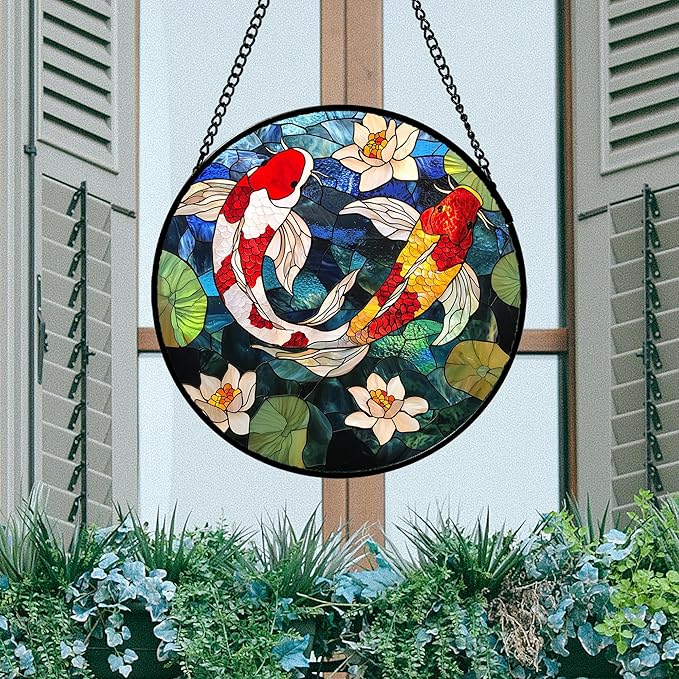 AMDERVEN Stained Glass Window Hanging, Koi and Lotus Sun Catcher for Door Home Decor Fish Suncatcher Christmas Mother's Day Birthday Gifts for Women Men Mom and Nana 15 in