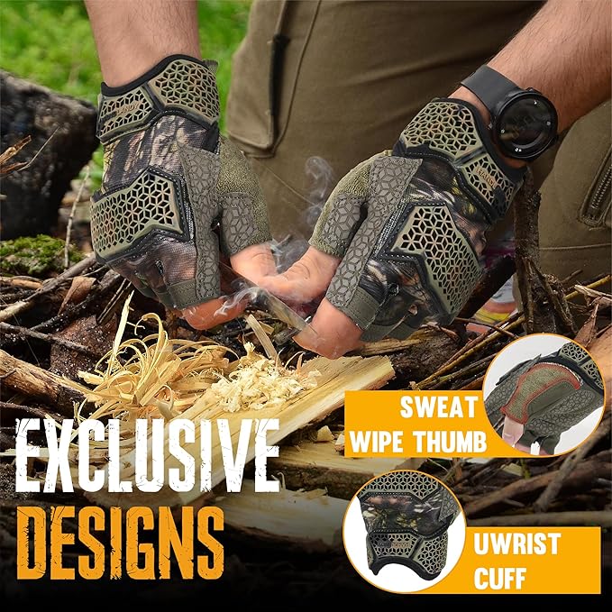HANDLANDY Fingerless Work Gloves for Men, Padded Impact Tactical Mechanics Gloves, Grip Utility Trucker Driver Gloves (Camo- impact, Medium (Pack of 1))