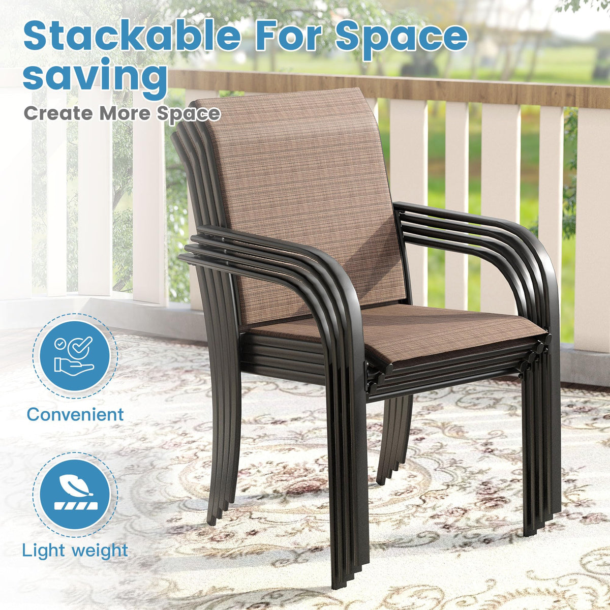 DIFY 3-Piece Outdoor Patio Bistro Dining Set, Walnut Small Square Dining Table & 2 Brown Stackable Metal Chairs with Breathable Fabric, Outdoor Furniture Set for Balcony, Porch, and Deck