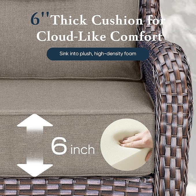 Belord Luxury 6" Thick Cushioned 6 Pieces Patio Furniture Set with Outdoor Couch, Wicker Outdoor Conversation Set with High Back Swivel Rocker Chairs for Deck Porch Yard and Poolside - Brown+Grey