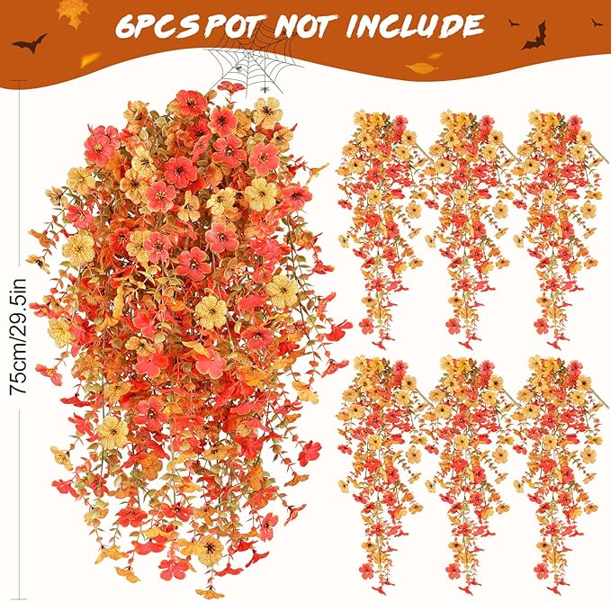 6 Bundles Artificial Fall Flowers for Outdoors Fake Plants Garden Home Fall Decor,UV Resistant Realistic Silk Faux Autumn Flower Indoor Outside Front Porch Patio Balcony Yard Farmhouse(Orange)