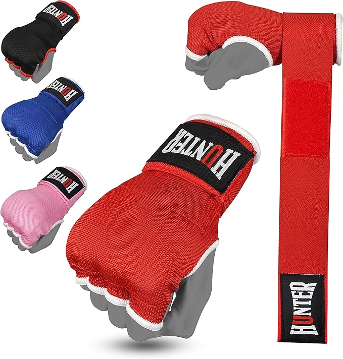 HUNTER Gel Padded Inner Gloves with Hand Wraps for Boxing, Quick Elastic Training Wraps for Men & Women, Muay Thai MMA Kickboxing Martial Arts Knuckle Wrist Protector (Pair)
