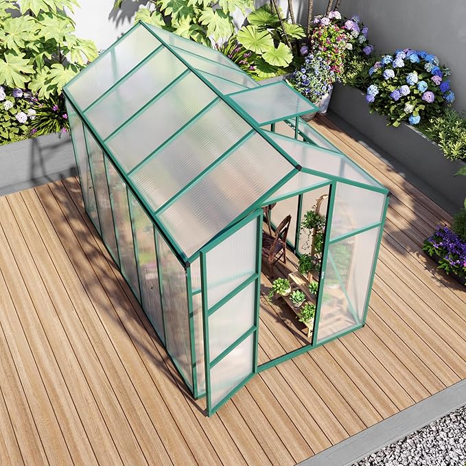 6x10 FT Greenhouse,Outdoor Greenhouse W/ Roof Vent,Walk-in Aluminum Polycarbonate Green Houses W/ Drainage System & Ground Nails,for Outside Garden,Backyard,Patio,Lawn,Green