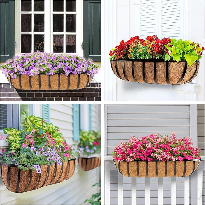 Y&M 24in Window Planter Box 2Pcs Iron Window Deck Railing Fence Planter with Coco Liner for Outdoor Balcony Rail Fence Porch Patio